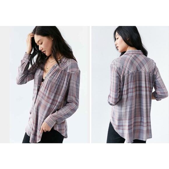 BDG Urban Outfitters Melanie Oversized Plaid Button Down Tie Front Top Sz M - Picture 6 of 11